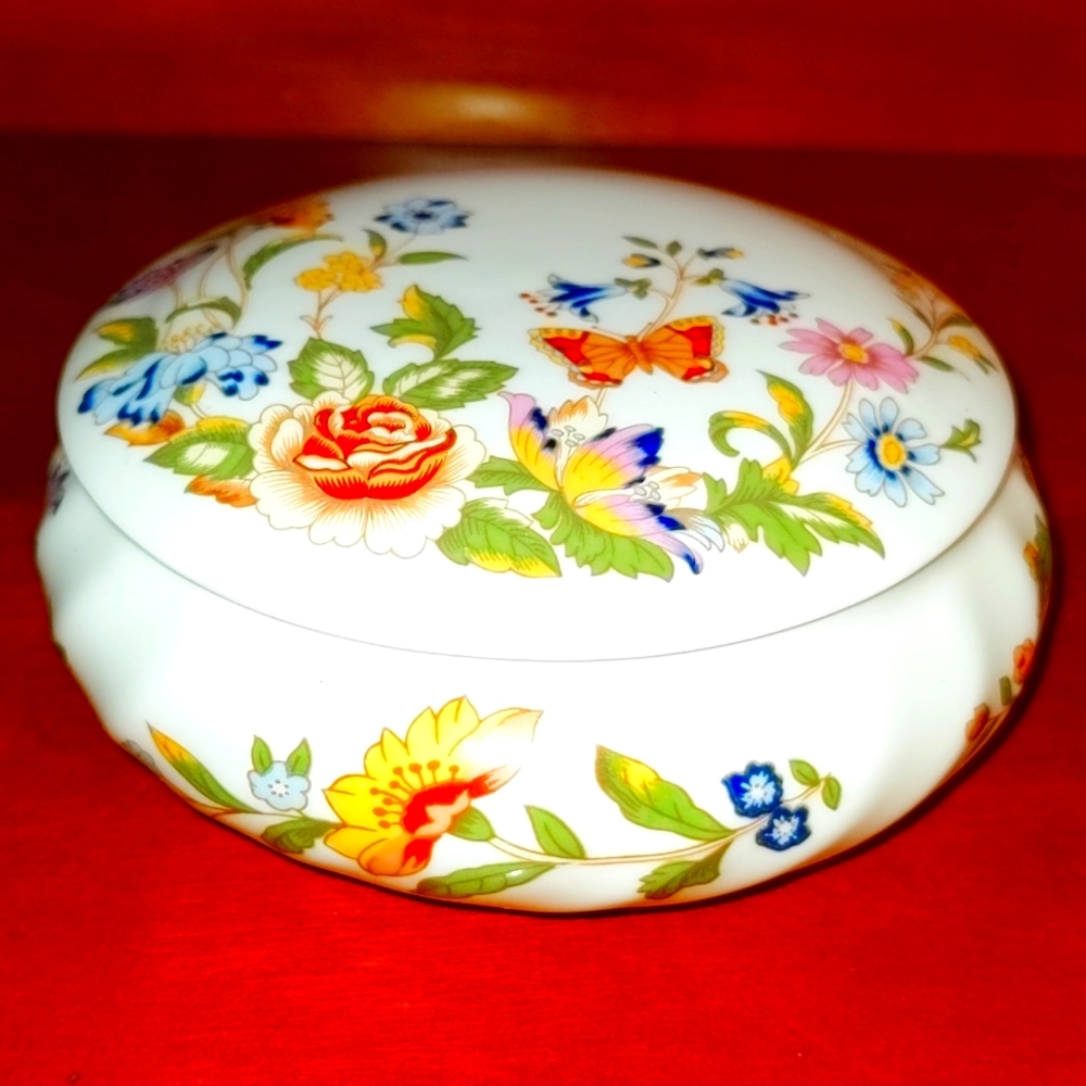 Porcelain Trinket Box.  Wildflowers and Butterflies